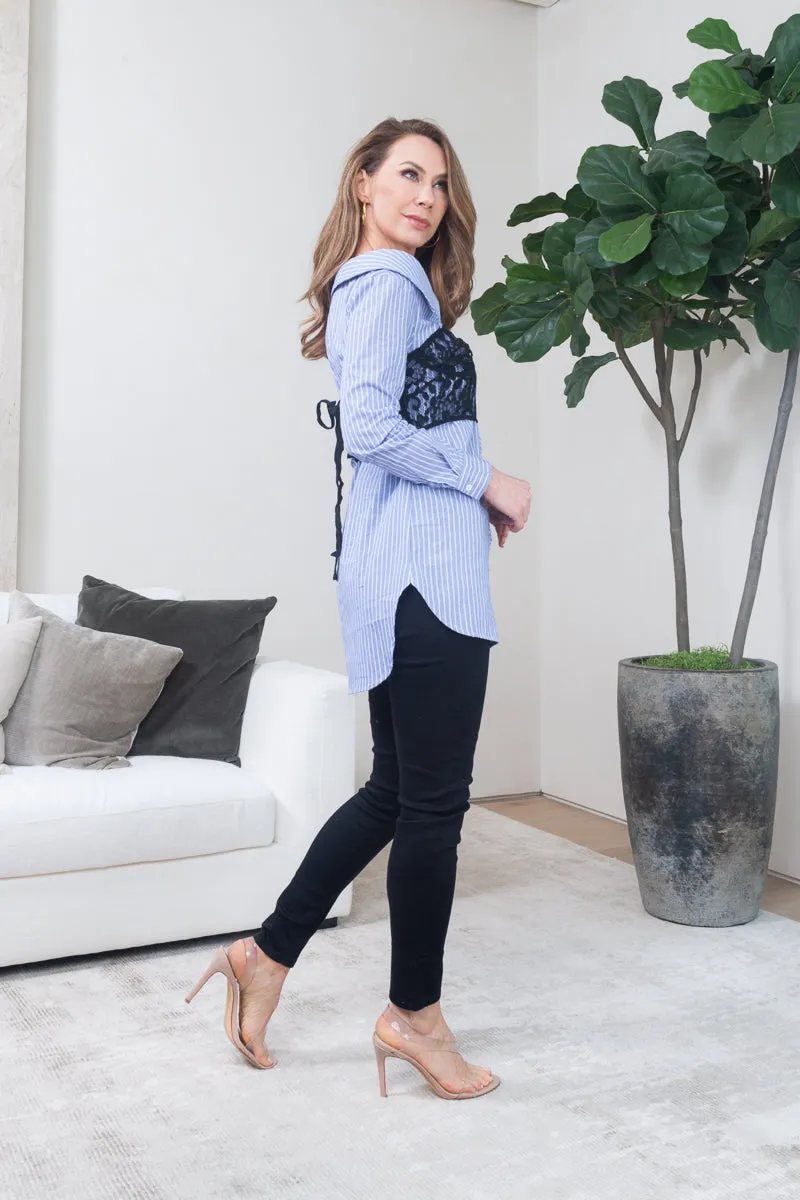 'Boss Babe' Off Shoulder Dual Layered Floral Lace Bustier Crop Topped O-Ring Zip Pin Striped Shirt in Denim Blue (VIT7854)