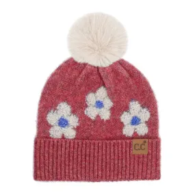 Daisy Contrast Faux Fur Pom C.C Beanie Hat - Heather Red