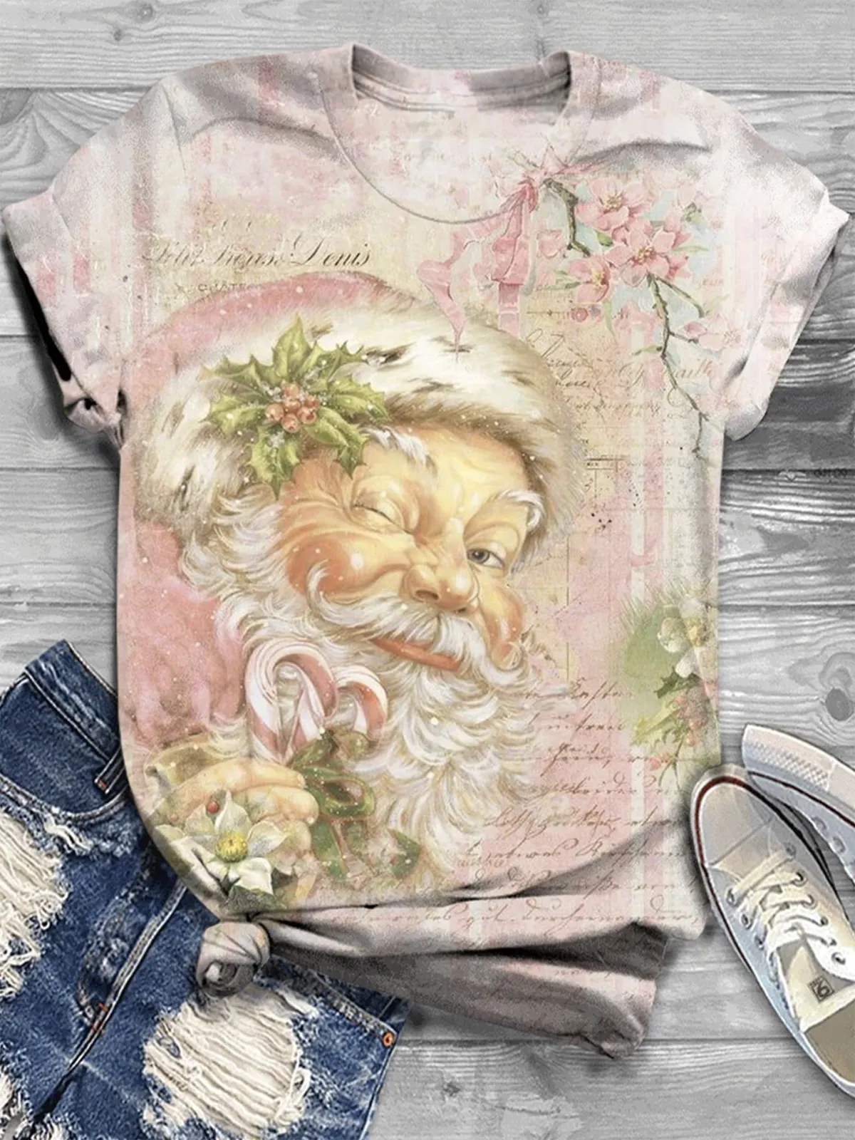 Firelyy Pink Vintage Santa Print Crew Neck T-Shirt