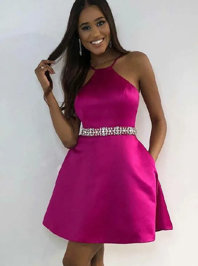 Fuchsia Cocktail Dresses,Cocktail Dress Satin,Simple Cocktail Dress,CD00047
