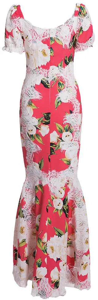 Lace Trim Floral Print Flared-Hem Dress in Red