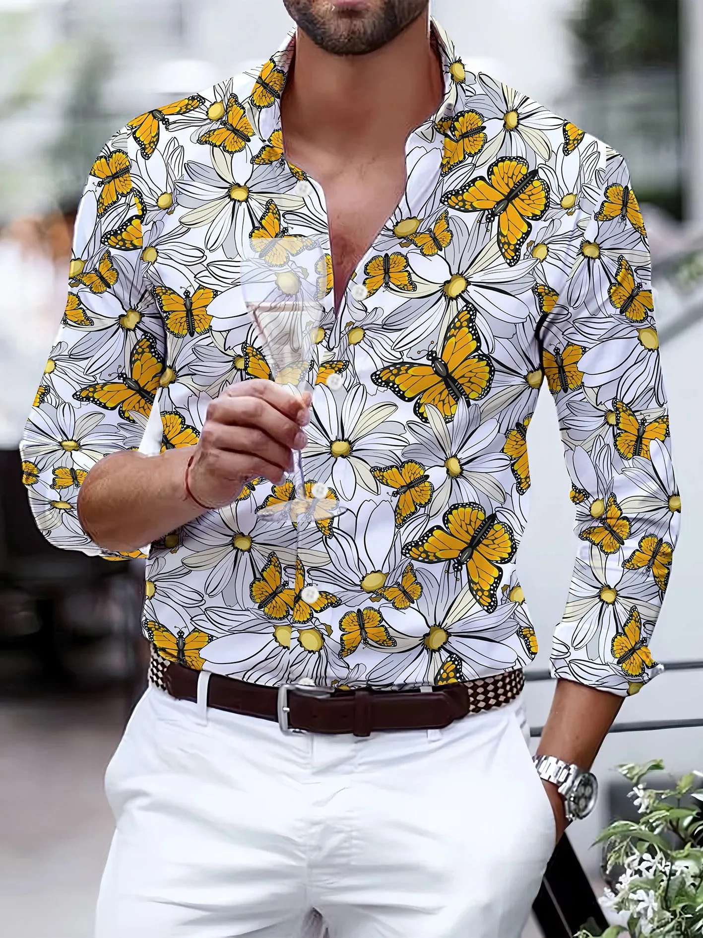 Men's Long Sleeved Party Street Hawaiian Polo Neck Shirt