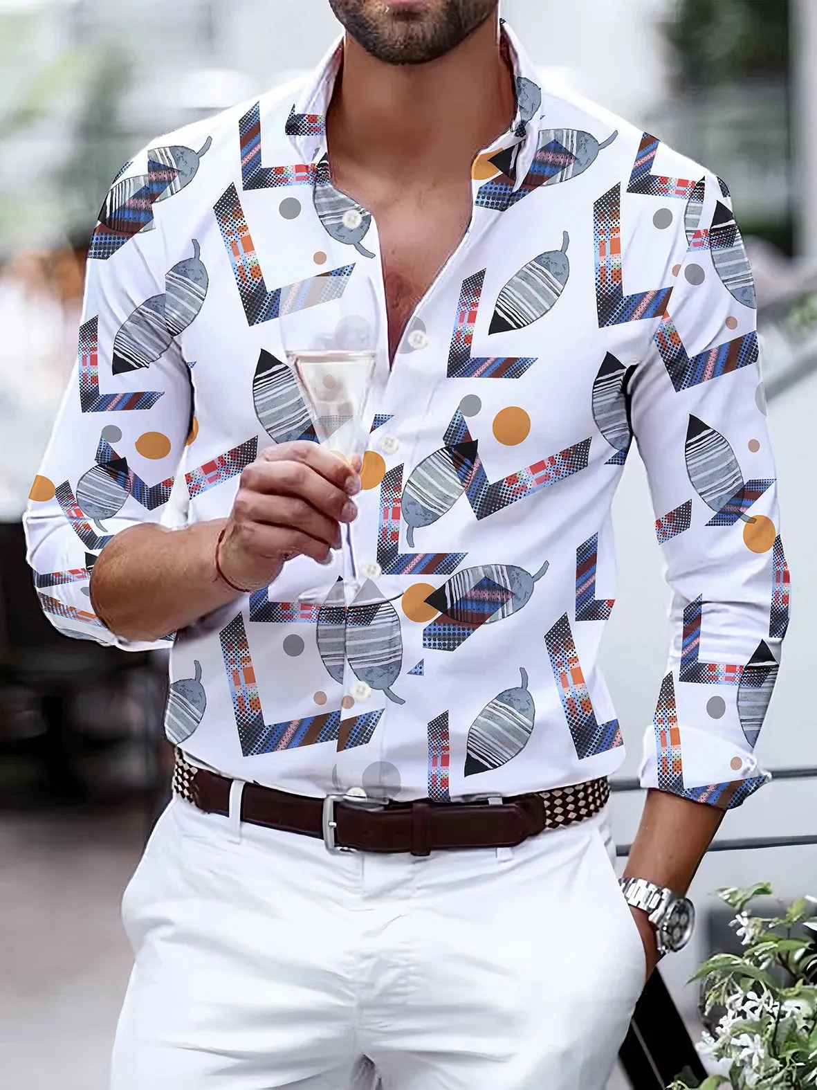 Men's Long Sleeved Party Street Hawaiian Polo Neck Shirt