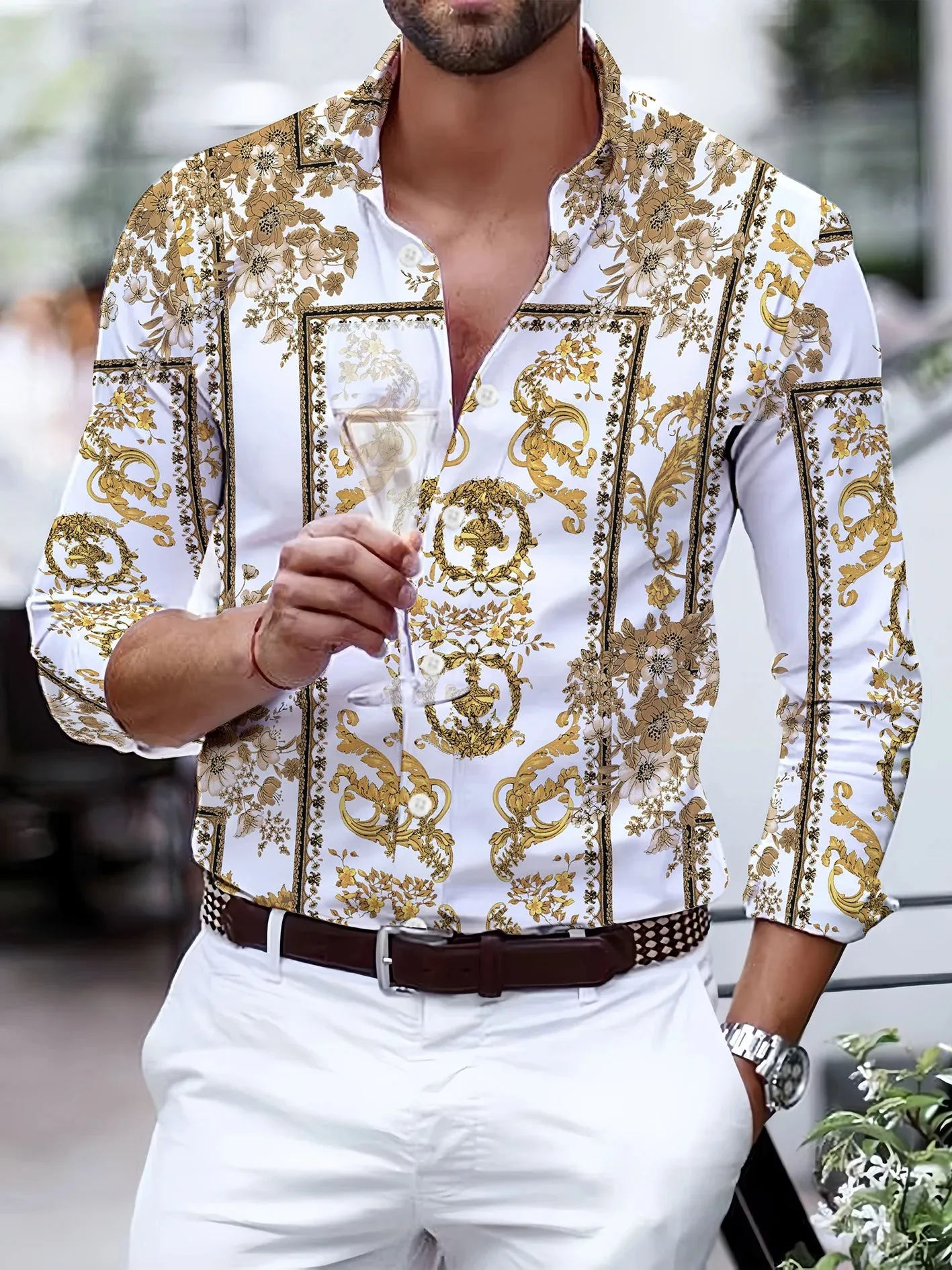 Men's Long Sleeved Party Street Hawaiian Polo Neck Shirt