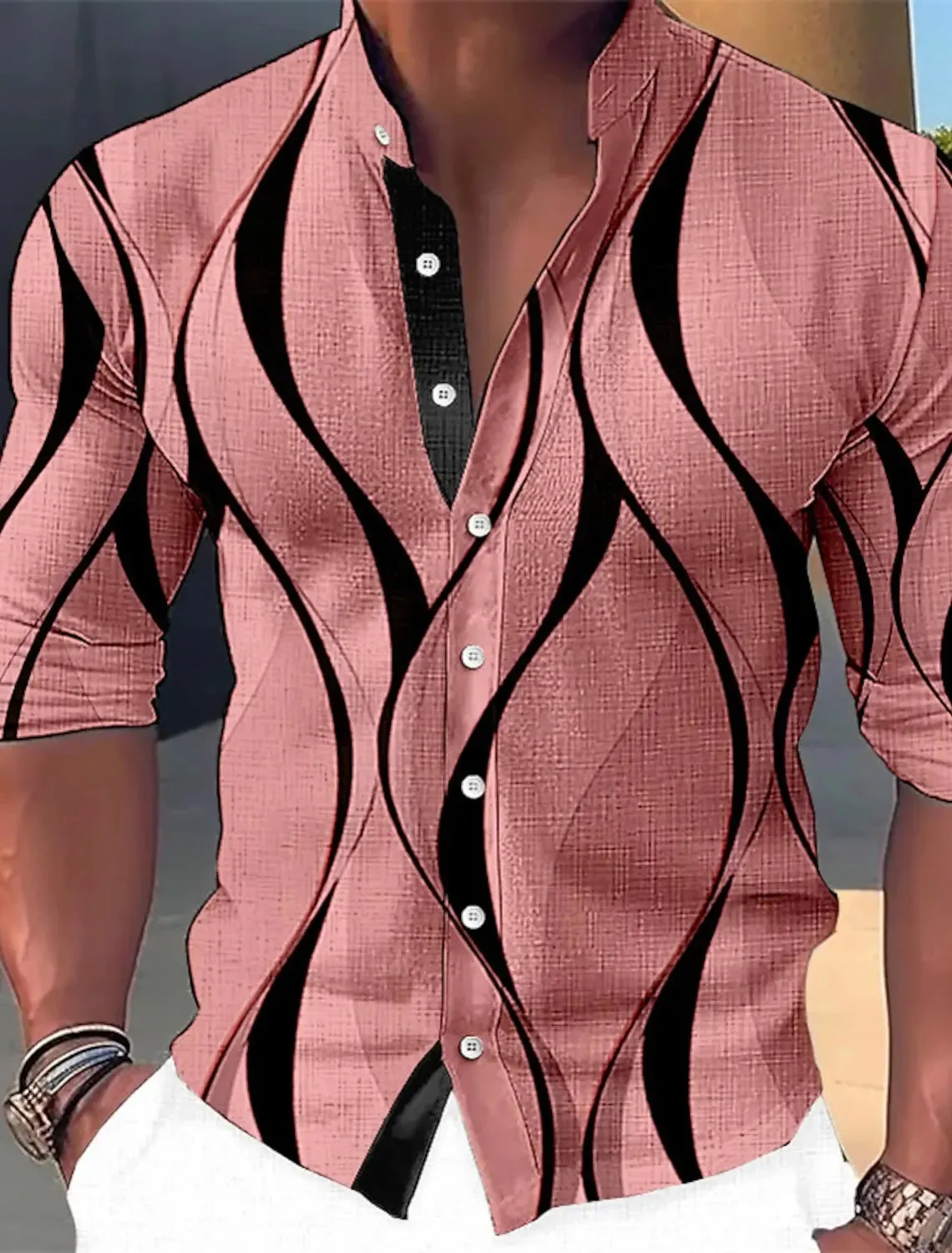 Men's Long-sleeved Shirt Graphic Print Geometric Stand Collar Outdoor Street Long-sleeved Printed Clothing Fashion Street Casual
