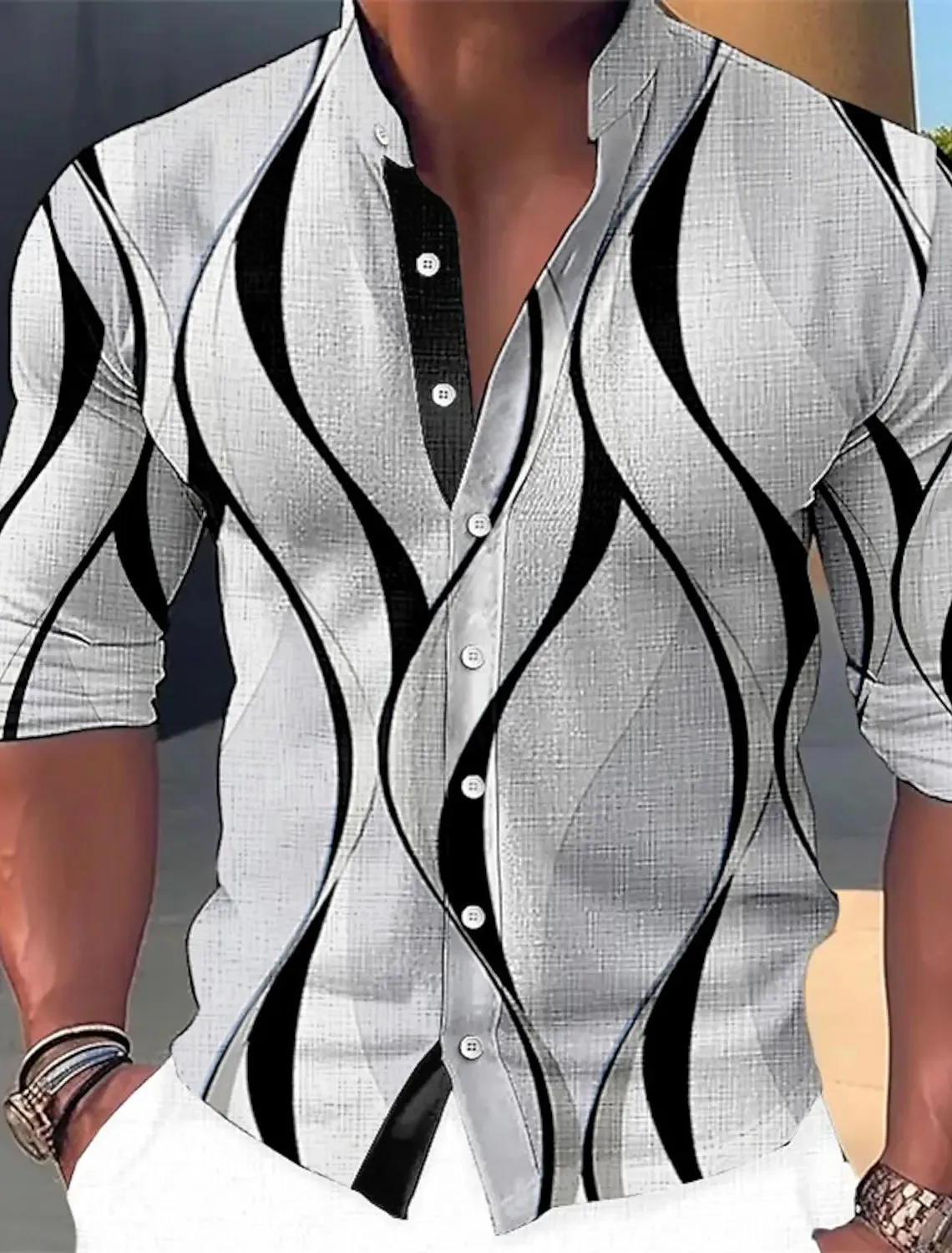 Men's Long-sleeved Shirt Graphic Print Geometric Stand Collar Outdoor Street Long-sleeved Printed Clothing Fashion Street Casual