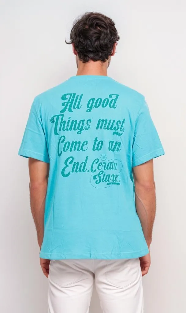 O203092 - Typography Graphic T-Shirt  Cyan Blue