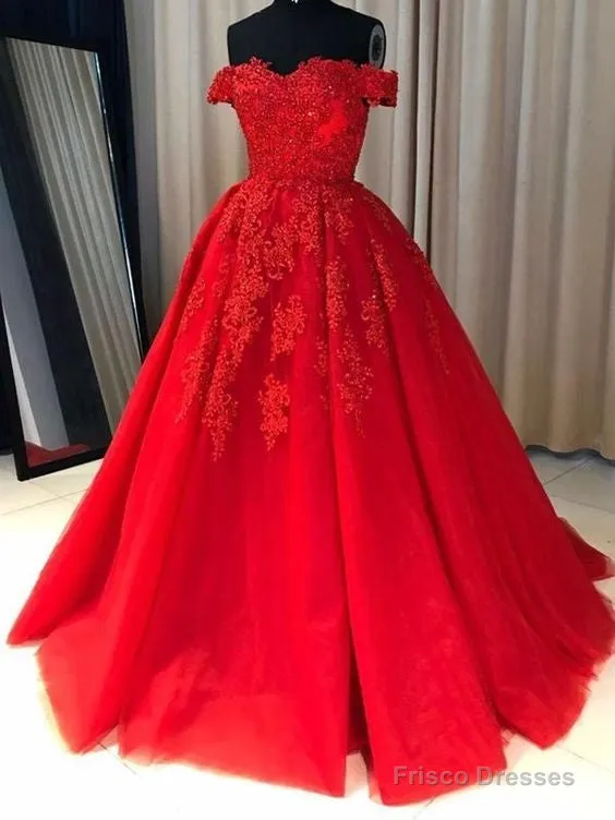 Off The Shoulder Lace Red Prom Dresses A Line Sequin Evening Gowns