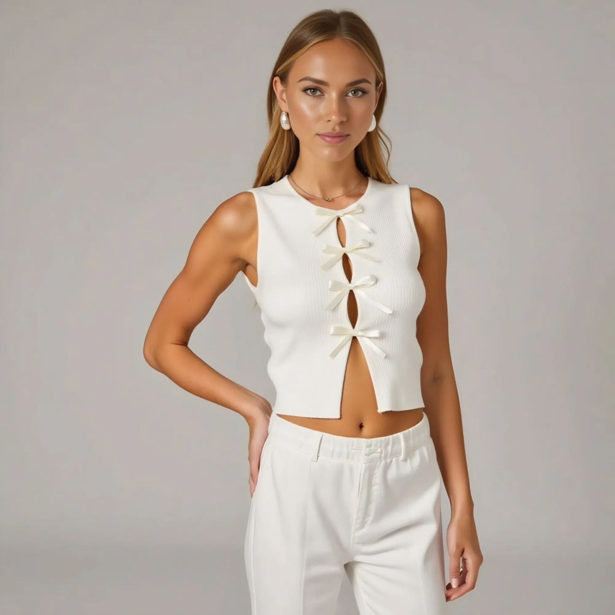 Sleeveless Ribbed Crop Top with Satin Bow Front Detail