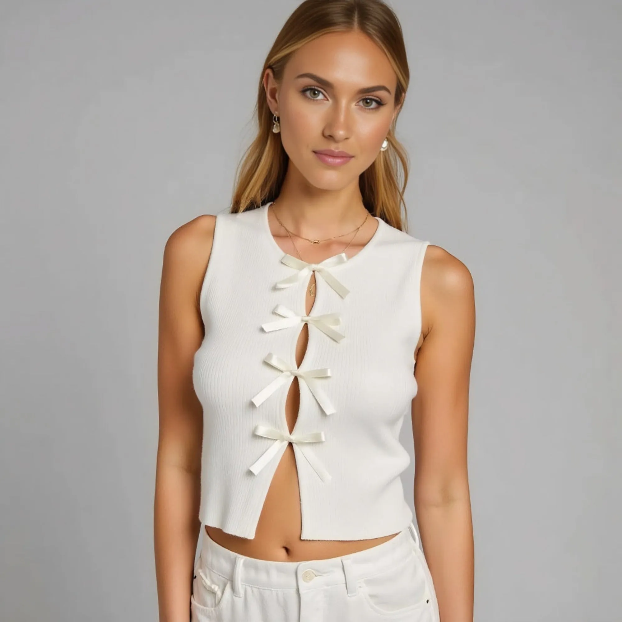 Sleeveless Ribbed Crop Top with Satin Bow Front Detail
