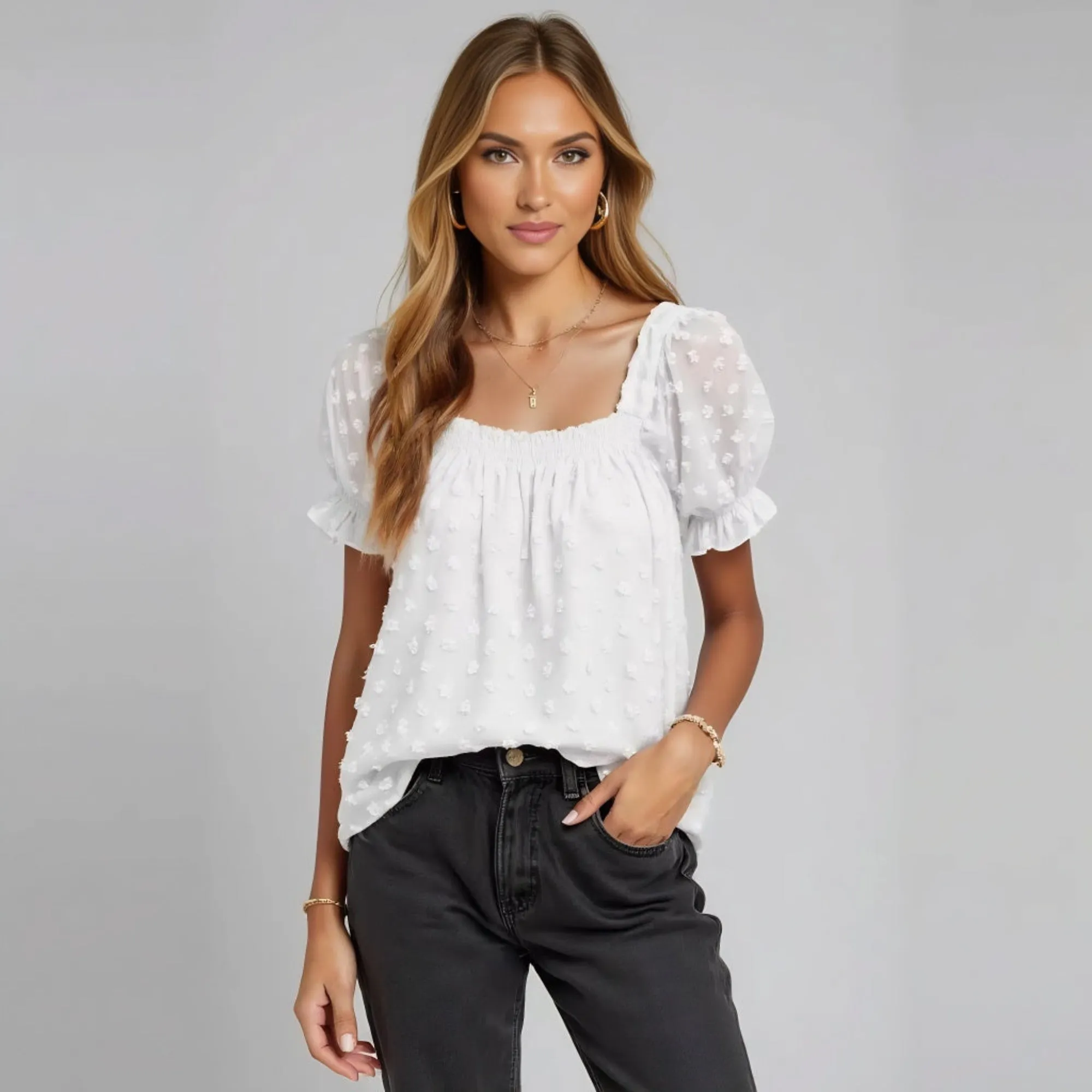 Textured Square Neck Puff Sleeve Blouse with Smocked Detail