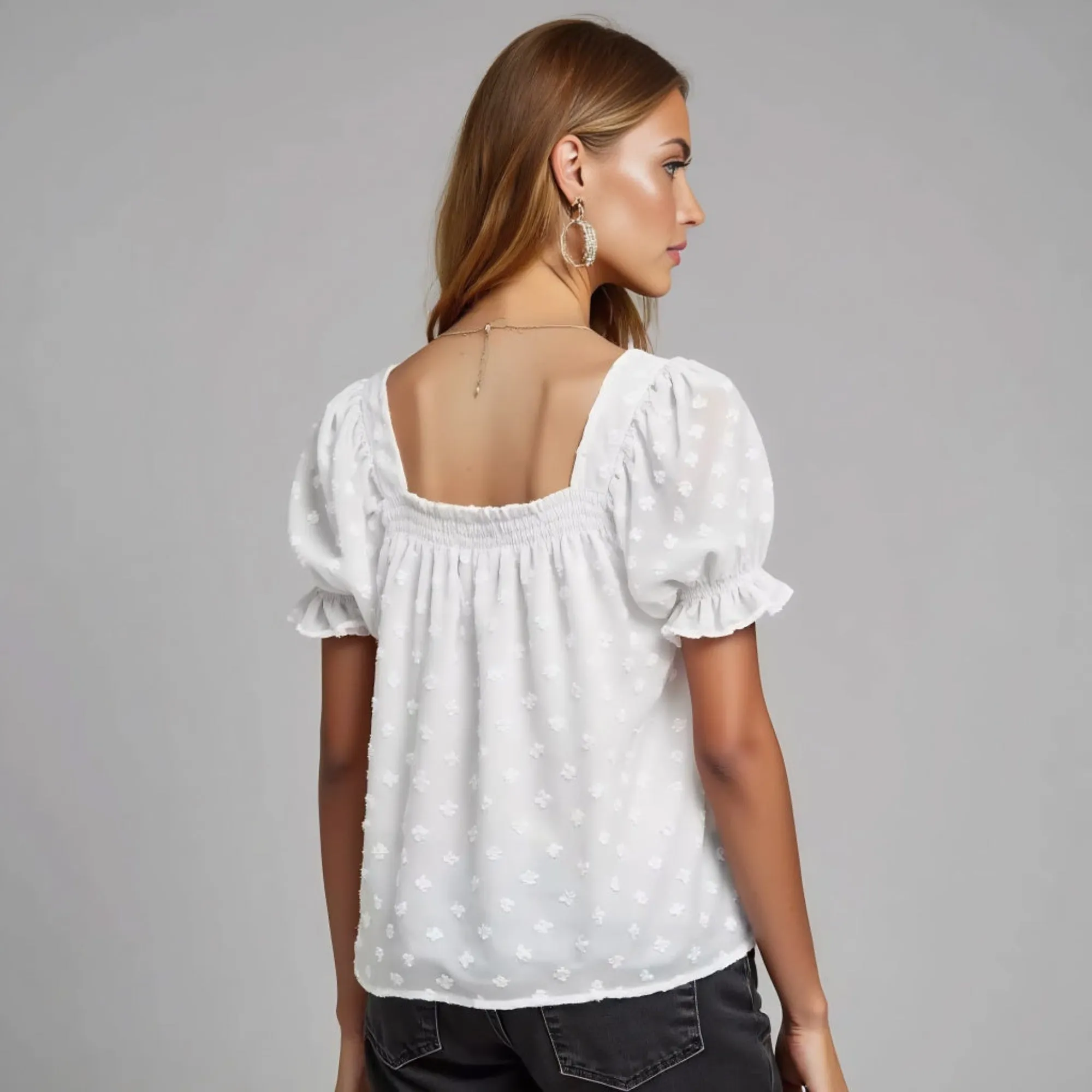 Textured Square Neck Puff Sleeve Blouse with Smocked Detail