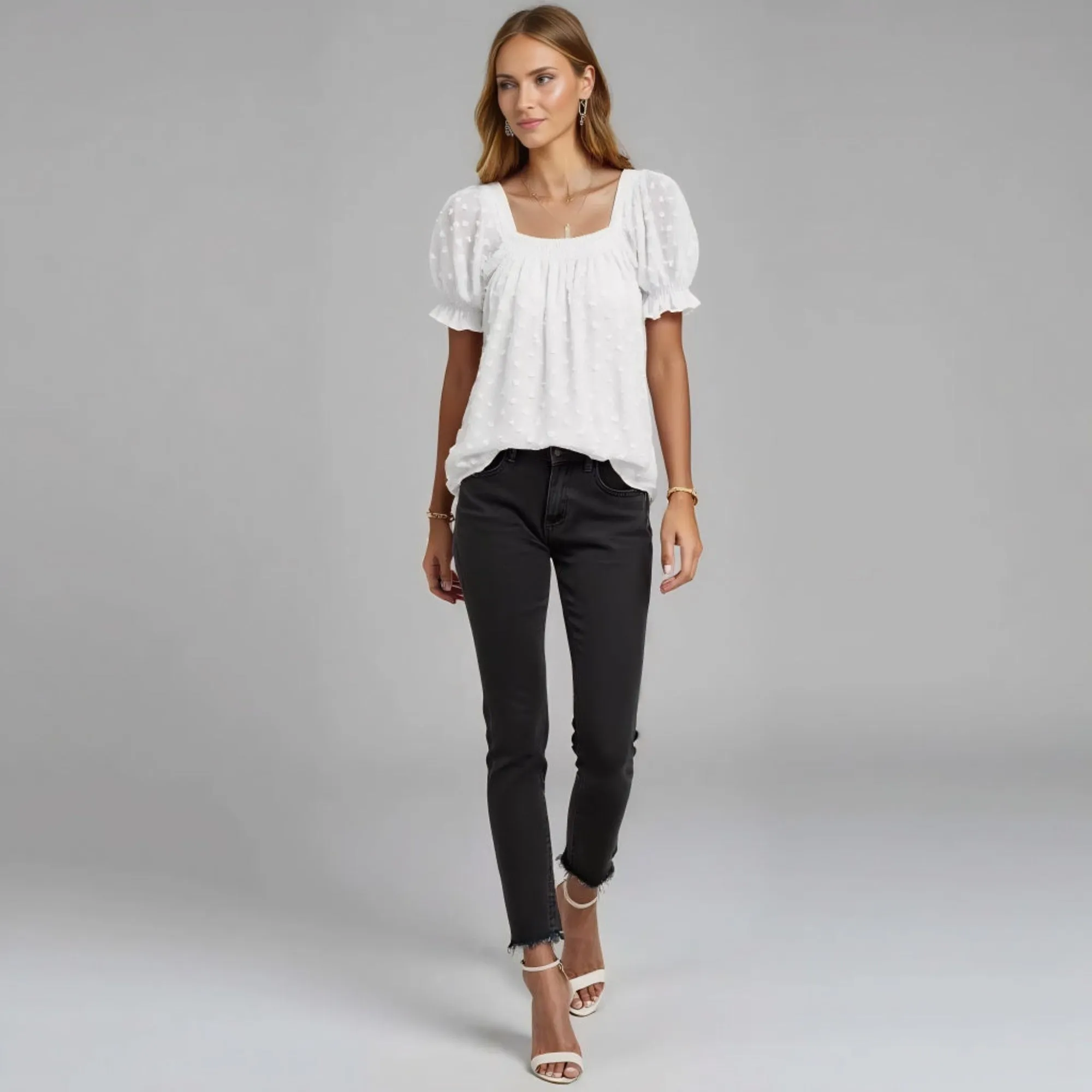Textured Square Neck Puff Sleeve Blouse with Smocked Detail