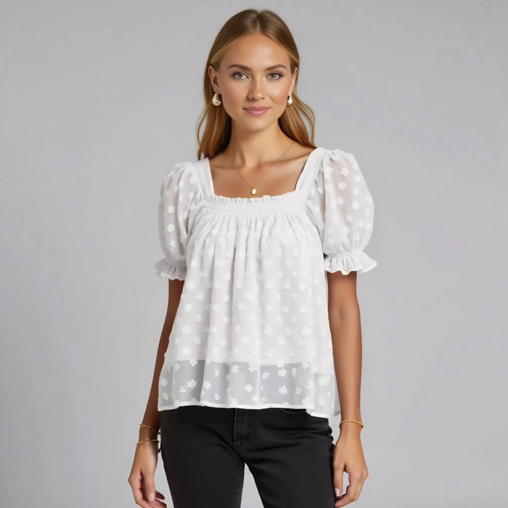 Textured Square Neck Puff Sleeve Blouse with Smocked Detail