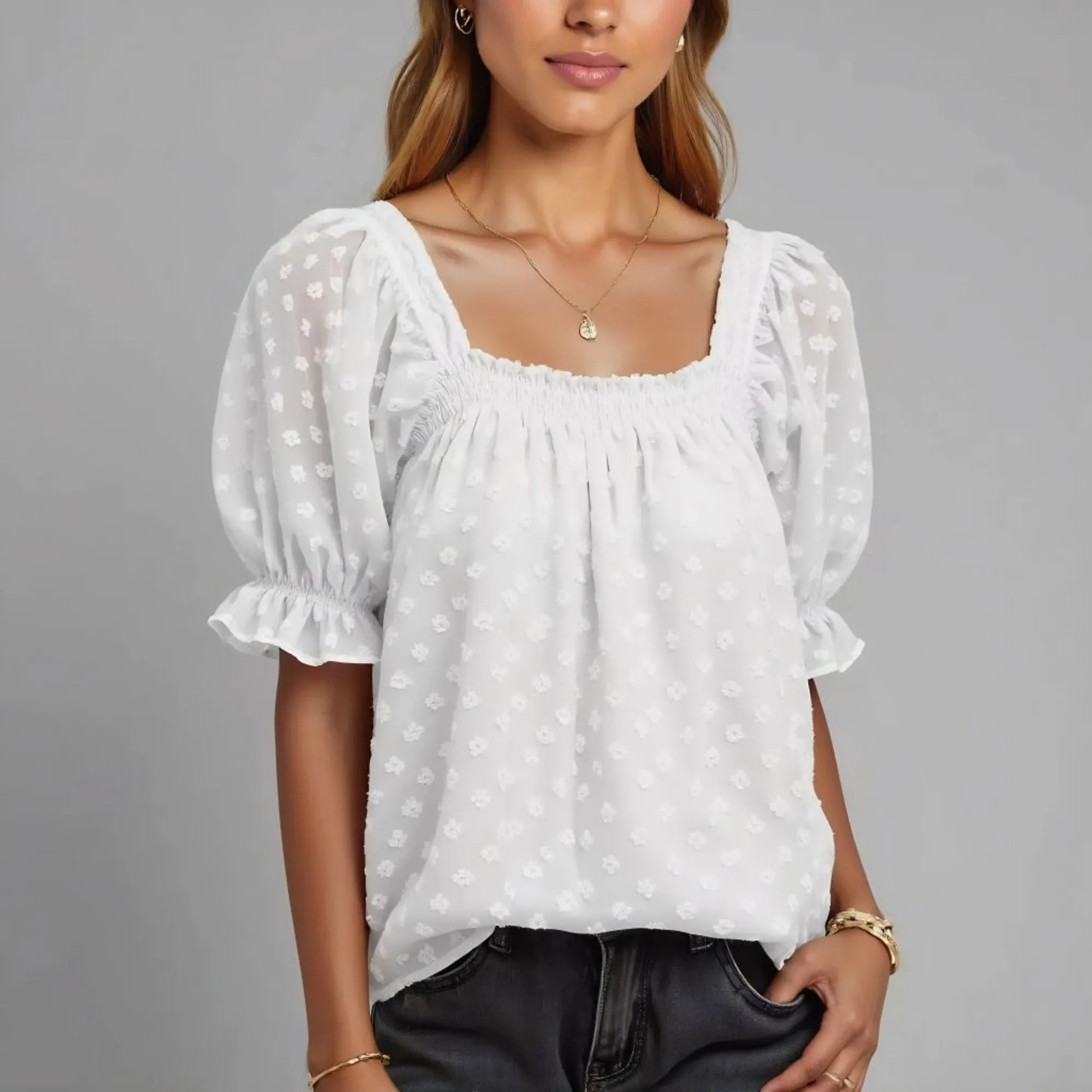 Textured Square Neck Puff Sleeve Blouse with Smocked Detail
