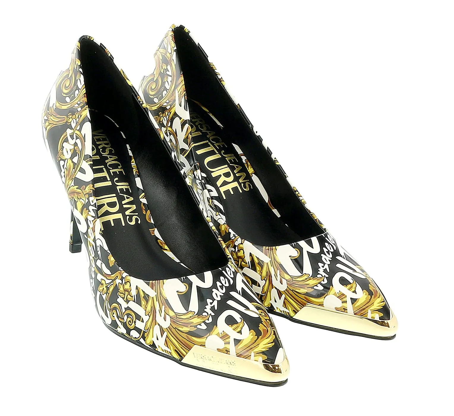Versace Jeans Couture Black Gold Baroque Print Cap Toe Pump-