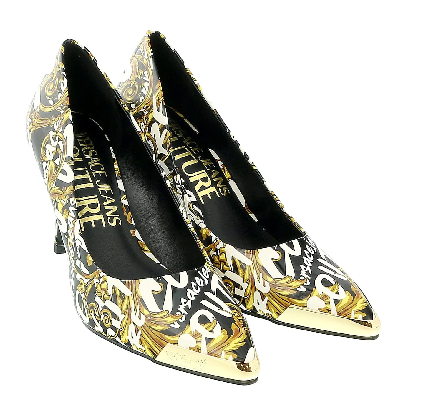 Versace Jeans Couture Black Gold Baroque Print Cap Toe Pump-