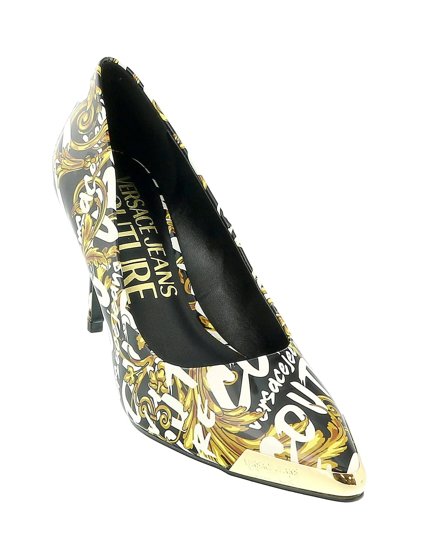 Versace Jeans Couture Black Gold Baroque Print Cap Toe Pump-