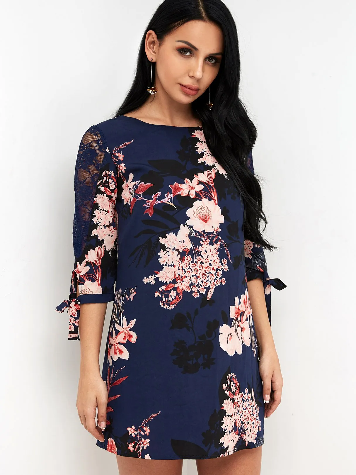 Wholesale Navy Round Neck 3/4 Sleeve Length Floral Print Lace See Through Self-Tie Mini Dresses