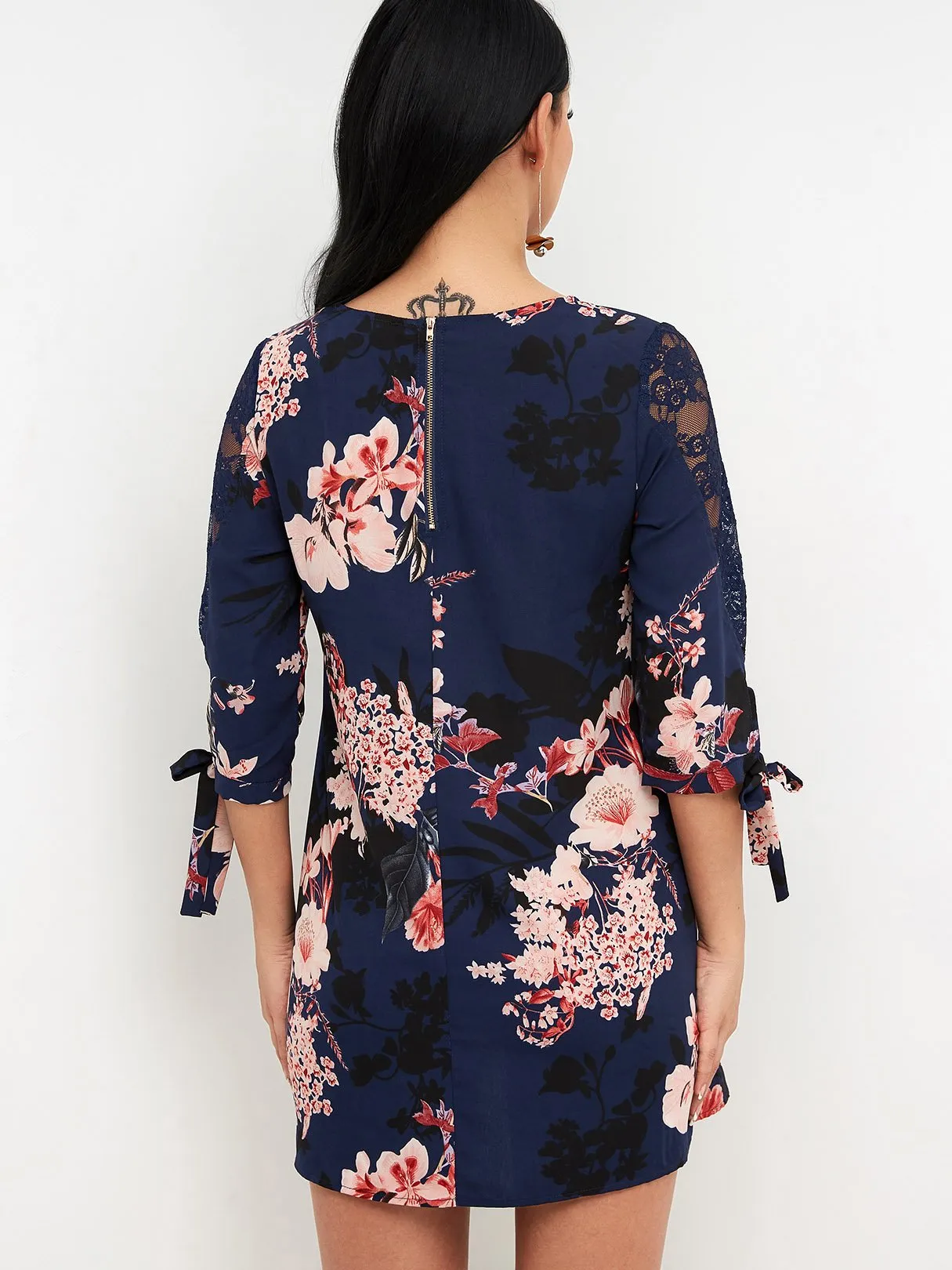 Wholesale Navy Round Neck 3/4 Sleeve Length Floral Print Lace See Through Self-Tie Mini Dresses