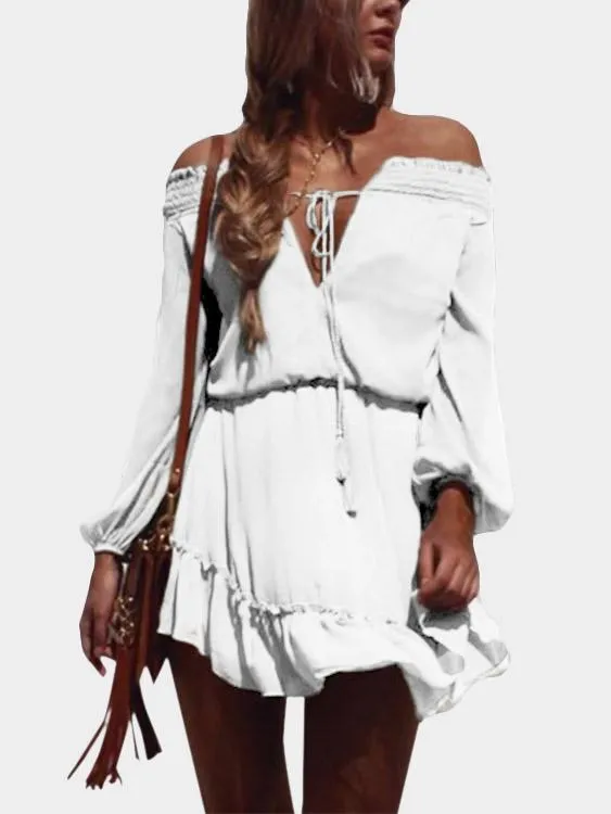 Wholesale Off The Shoulder Long Sleeve Lace-Up Mini Dresses